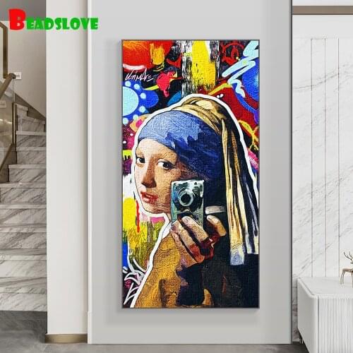 Large full square diamond painting Fantasy Girl with a Pearl Earring pictures for embroidery round diamond mosaic decoration