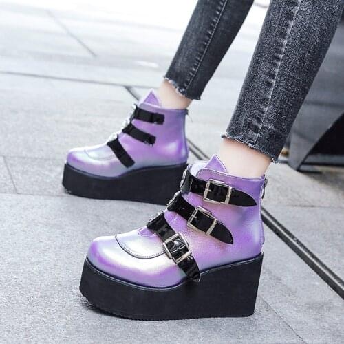 Sponge Cake Bottom Large Size Ankle Boots New Round Head Buckle Belt Wedge Heel Thick Bottom Martin Boots Female Models Trade