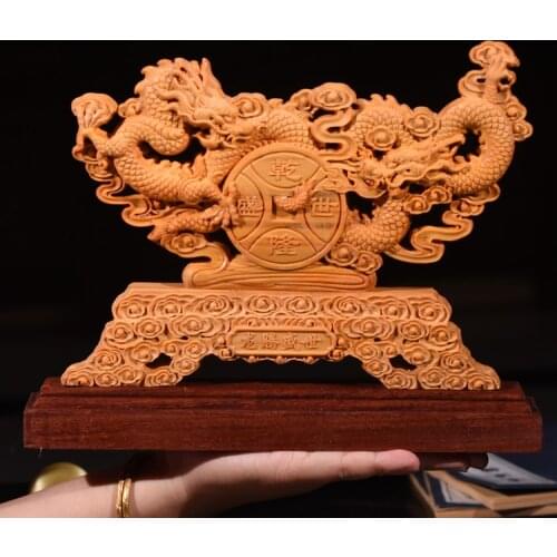 23CM Double Dragon Double-sided Hollow Wood Carving Flourishing Times Decoration solid wood Crafts
