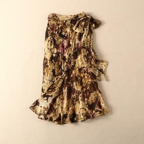 ElfStyle Silk 100% Floral Print Midi Skirt With Waist Ties - 2020ss Newest Women Casual Skirt