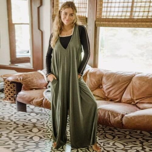 Elegant Woman Jumpsuits Loose Fit Jumpsuits For Women Casual Solid V Neck With Pockets Jumpsuit Rompers Overalls For Women