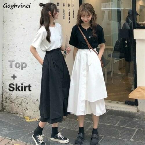 Two Pieces Set Women Chic Ulzzang Summer Leisure Girls Outfit All-match Irregular Design Mid-calf Skirt Basic College Ladies Top