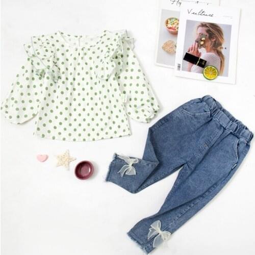 Toddler Girls Clothing Set 2021 Spring Kids Clothes Polka Dots Long Sleeve Top Denim Pants 2Pcs Set Baby Girls Outfits 1-4 Year