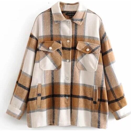 Winter Plaid Shirt Jacekt Loose Oversize Woolen Coat Women Vintage Button Jacket Windbreaker