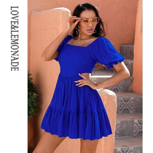 LOVE&LEMONADE Blue Waist Cut Out A-Line Polka Dot Rayon Material Short Sleeve Summer Mini Dress LM83065