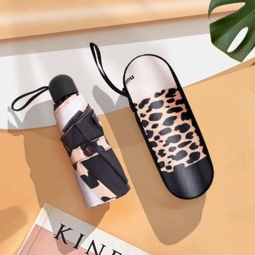 Fashion Leopard Mini Umbrella Five Folding UV Luxury Umbrella Rain Women Portable Summer Outdoor Pocket Sun Umbrella Girls Gift