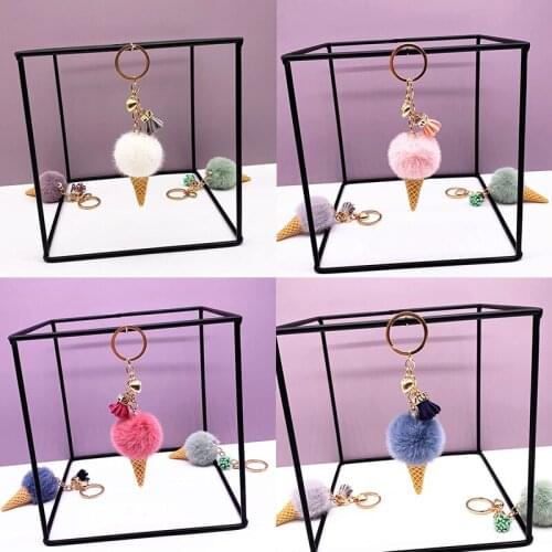 Fashion Keychain Fur Ball Ice Cream Cone Multicolor Furry Key Chain Ring Keyring Pompon Backpack Women Shoulder Bags Pendant