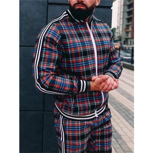Mens Spring And Autumn Large Casual Fashion Joker Sports Suit Checkered Zipper Collar Jacket Trousers Two Sets
