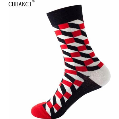 CUHAKCI Novelty Sock Combed Cotton Funny Mens Harajuku Hip Hop Spring Winter Diamond Printed Long Socks New Happy Mens Women
