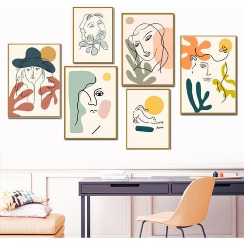 Nordic Posters And Prints Line Drawing Cute Hat Girl Cat Abstract Wall Art Canvas Painting Wall Pictures For Living Room Decor