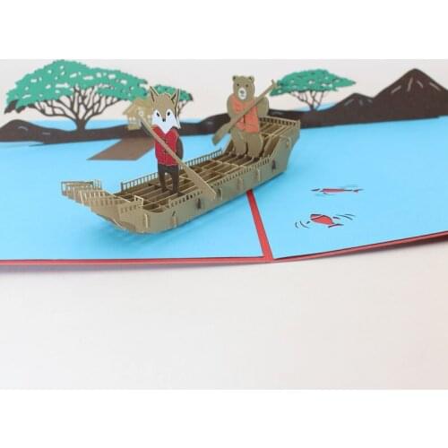 3D Handmade Cartoon Fox Bear Rowing Across The River Paper Blessing Greeting Card PostCard Student Birthday Party Friend Gift