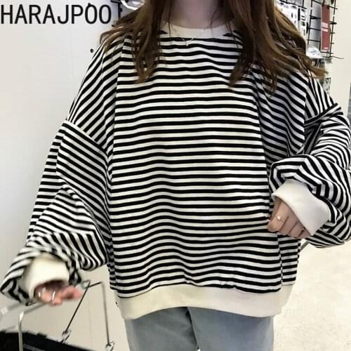 Harajpoo Women Pullovers Striped Lazy Style Sweater 2021 New Female Long Bat Sleeve Fall Winter Korean Loose Round Neck Tops