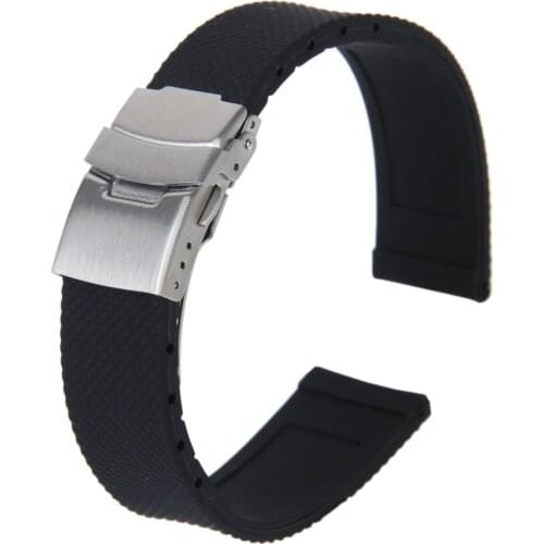 Watch Bands Sport Black Silicone Rubber Watch Strap Deployment Buckle Waterproof 20 mm
