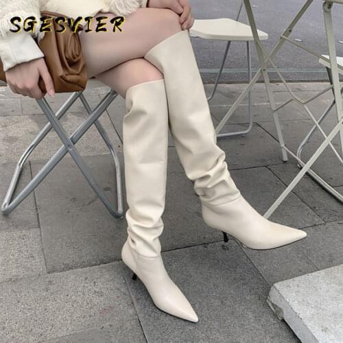 Sgesvier Top Quality Genuine Leather Knee High Boots Leather Concise Female Pointed Toe High Heels Pumps Party Shoes Woman