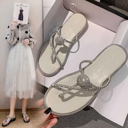 Rhinestone Sandals Cool All-Match Fairy Style Cross Toe Flat Slippers 2021 New