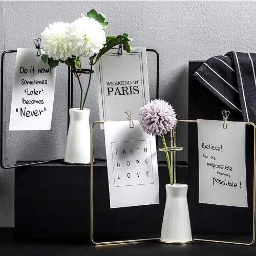 Modern Ceramic Flower Vase Golden Black Folding Metal Stand Flower Plant Pot Photo Frame Postcard Clip Holder Home Decoration
