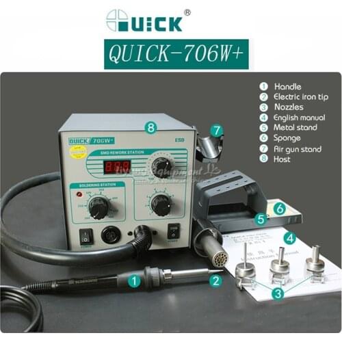 Original QUICK 706W+ Soldering Station 580W Digital Display Hot Air Gun Anti-static Lead-free Rework Station 2 In 1 with Nozzles