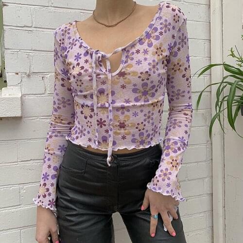 Womens Casual Trumpet Sleeve T-shirt Fashion Flower Bandage Round Neck Exposed Navel Tops 2021