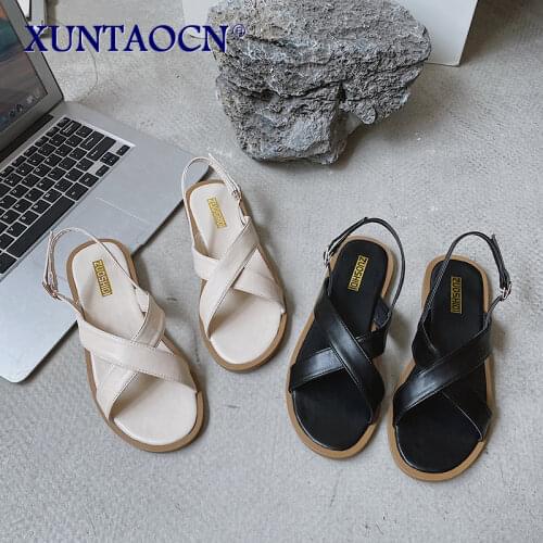 2021 Summer Womens Classic Rear Trip Strap Platform Rome Sandals Ladies Everyday Peep Toe Beige Leather Flat Shoes Size 35-40