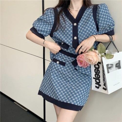 Temperament V-neck show thin embroidery contrast womens shirt fashion high waist show thin skirt suit