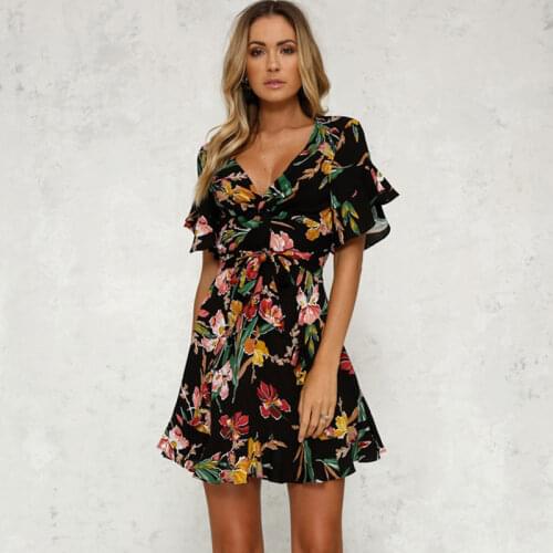 Summer Boho Women Floral Printed V-Neck Mini Dress Bow Knot Short Beachwear Sundress Ladies Short Sleeve Ruffles Loose Vestidos