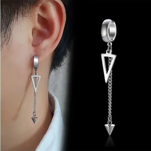 1Pc Punk No Piercing Ear Clips For Men Hoop Earrings Stainless Steel Long Chain Triangle Earrings