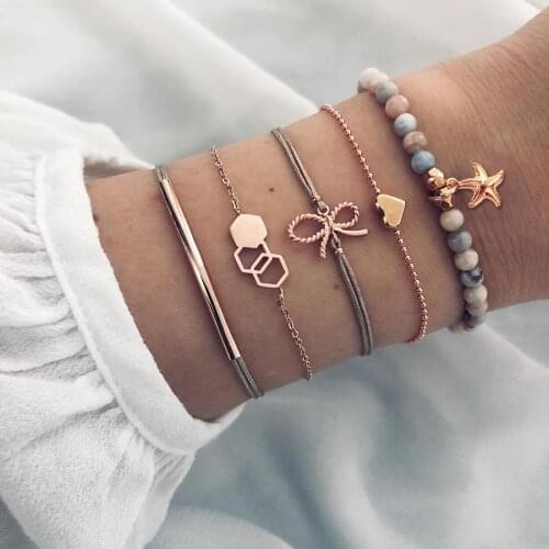 4 Pcs/set Beads Chain Starfish Pendant Bracelets Metal Geometry Bracelets For Women 2019 Vintage Heart Boho Wedding Jewelry
