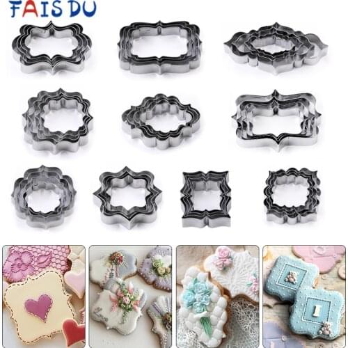 4Pcs/Set Stainless Steel Fondant Mold Cookie Stamper Nameplate Wedding Biscuit Lace Blessing Circle Flower Frame Cake Decoration