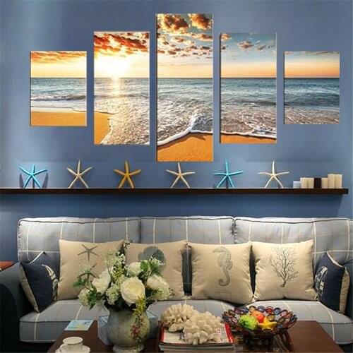 5 Piece Wall Art Canvas Seascape Poster Sea Beach Clouds Painting Modern Decorative Pictures Home Decoration For Living Room
