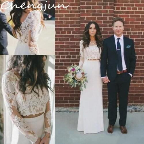 Chengjun Slim Fit Floor-Length Two Piece Beach Wedding Dress With Long Sleeves