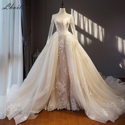 Lhuilier Elegant Champagne Tulle Wedding Dresses 2020 Beaded Long Sleeves 2 In 1 Floor Length Detachable Train Bridal Dress