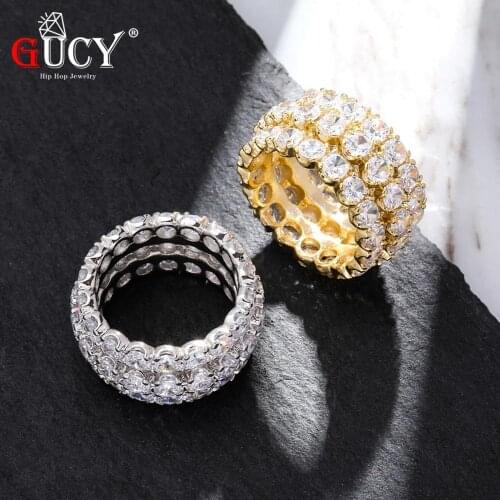 GUCY Three Rows Solitaire Mens Gold And Silver Color Charm Ring Cube Zircon Ice Ring Hip Hop Fashion Jewelry For Gifts