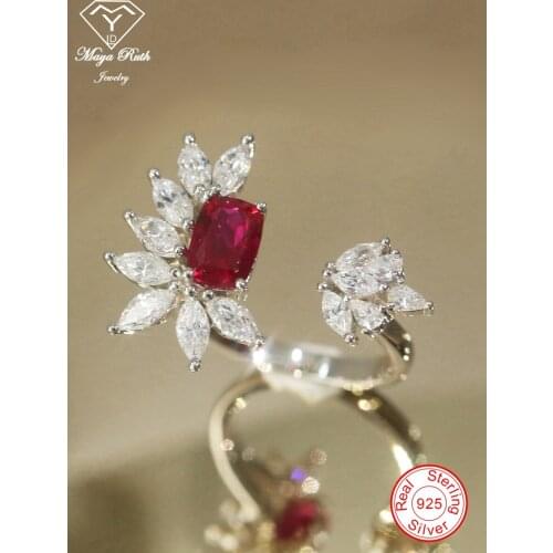 Created Ruby Real 925 Sterling Silver Party Cocktail Ring For Women Charms High Quality Luxury Gifts Fingertip Ring Flower Shape