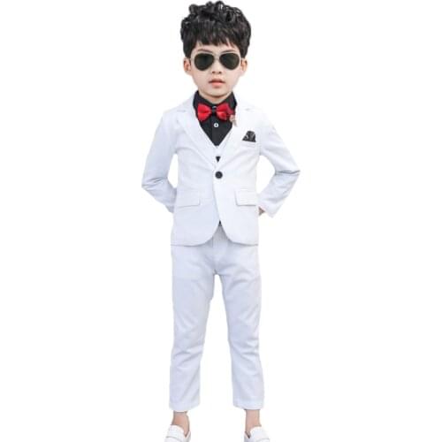 Flower Boys White Jacket+Vest+Pants+Tie 4Pcs Mariage Clothing Set Children Gentleman Performance Dress Enfant Kids Wedding Suit