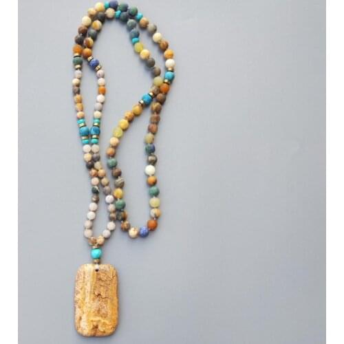 Lii Ji Matte Natural Stone Bomboo Agate Azurite Crazy Agate Turquoise Picture Jasper Pendant Long Sweater Boho Necklace 90cm