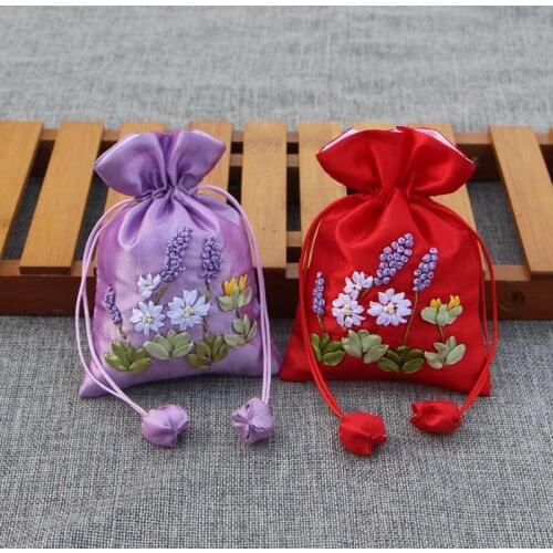 Small Drawstring Satin Jewelry Pouch Handmade Ribbon Embroidery Birthday Party Gift Bag Empty Sachet Fabric Packaging Bags
