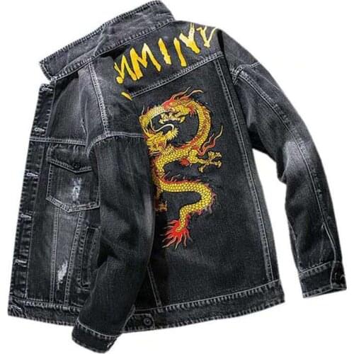 Mens new ripped denim jacket retro dragon embroidery cotton denim jacket mens street casual slim hip-hop jeans jacket jacket