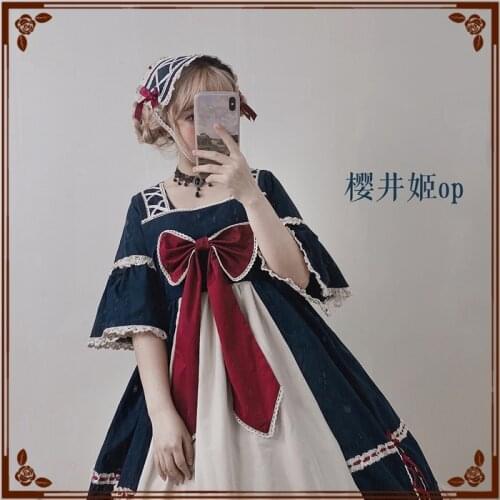 2021 Japanese New Summer Short-sleeved Print OP Women Princess Bowknot Sweet Cute Chiffon Polyester Lolita Dress