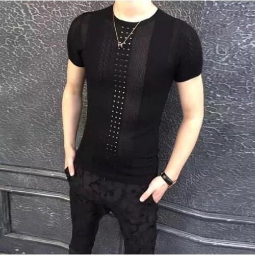 2020 summer new mens short-sleeved t-shirt Korean Slim collar ice silk hollow t-shirt youth personality trend Mensao T-shirt