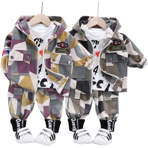 Baby clothes three-piece spring and autumn camouflage suit for boys casual suits for boys with letters top and hooded jacket