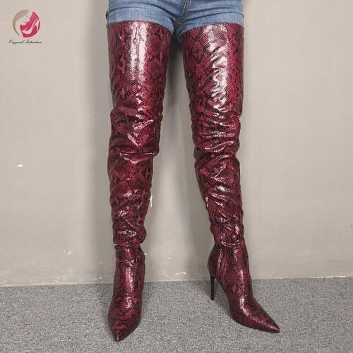 Original Intention New Winter Sexy Woman Over Knee High Boots Snakeskin Red Gray White Yellow Purple Green Thigh High Boots 4-15