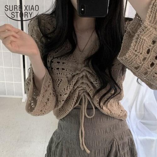 2021 Autumn V-Neck Long Sleeve Ladys Clothing Korean-Style Hollow-out Knitted Shirt Women Casual Loose Solid Women Blouse 10194