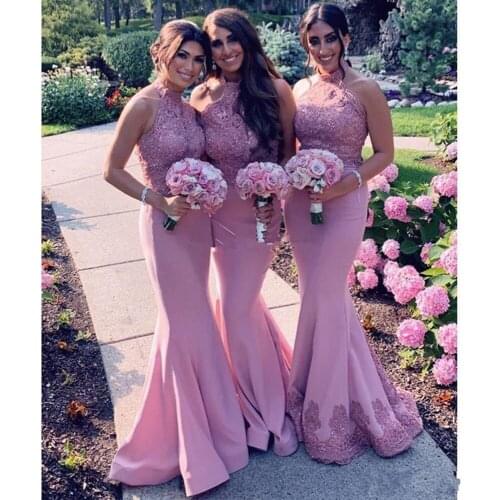 Sleeveless Lace Mermaid Bridesmaid Dresses Halter Neck Beaded Wedding Guest Dress Maid Of Honor Gowns robe wa37