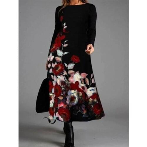 Spring Autumn Long Sleeve Maxi Floral Dress For Fashion Women Dresses Casual O-Neck Black A-line Dress 4XL Ladies Robe Vestidos