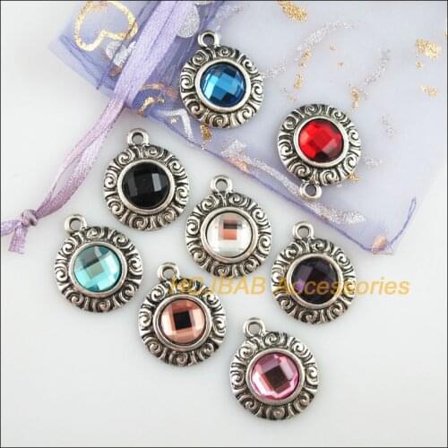 Fashion 8Pcs New Flower Charms Tibetan Silver Tone Retro Round Mixed Crystal Pendants 19x23.5mm