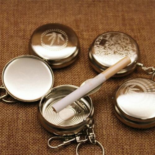 Portable Car Travel Pocket Stainless Steel Round Cigarette Cylinder Windproof Ashtray With Keychain