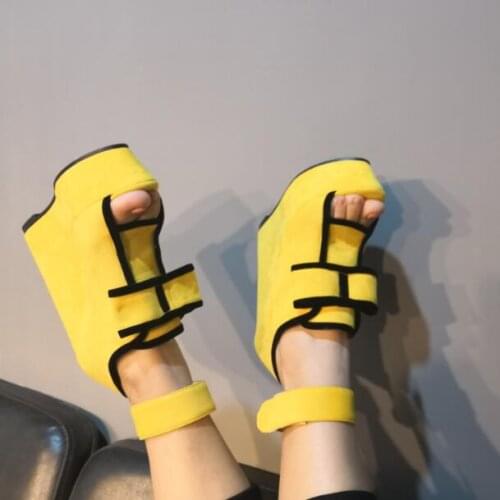 Drop Shipping Brand Girls Sweet Yellow Black Patchwork Peep Toe Big Butterfly Knot Bow Ties Hook Loop Wedge Sandals Shoes Lady