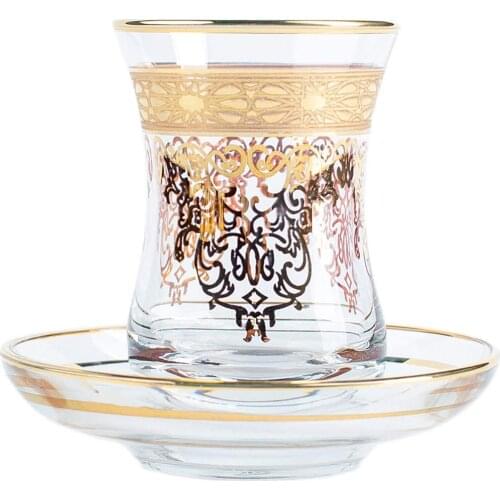 Turkish Tea Glasses Cups Set of 6 and Saucers with Vintage Gold Moroccan Crystal Cut Decors for Serving and Drinking Housewarmin