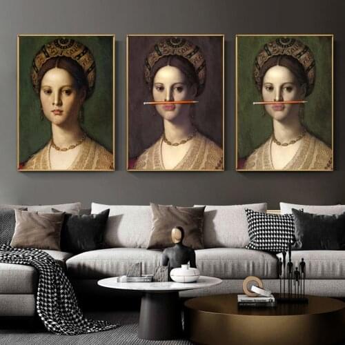 Vintage Woman Oil Painting on The Wall Canvas Posters and Prints Fun Lips Pen Classical Wall Art Pictures for Living Room Decor