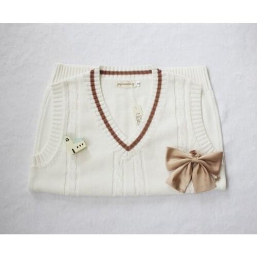 Twisted Knitting Spring V-Neck Vest JK School Uniform Sleeveless Sweater Cotton Tops Color White with Light Coffee Line